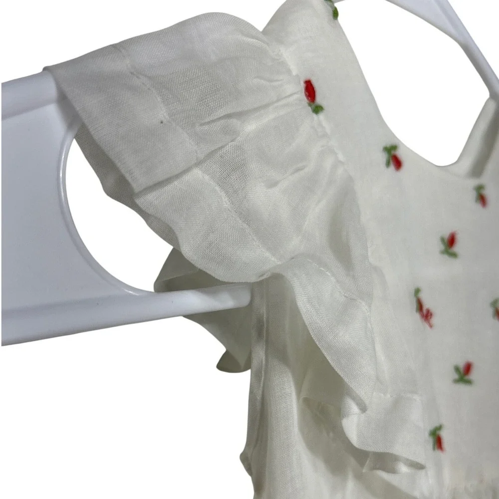 VTG Girls White Embroidered Floral Ruffle Flutter Sleeve Button Back Dress‎ 9mo